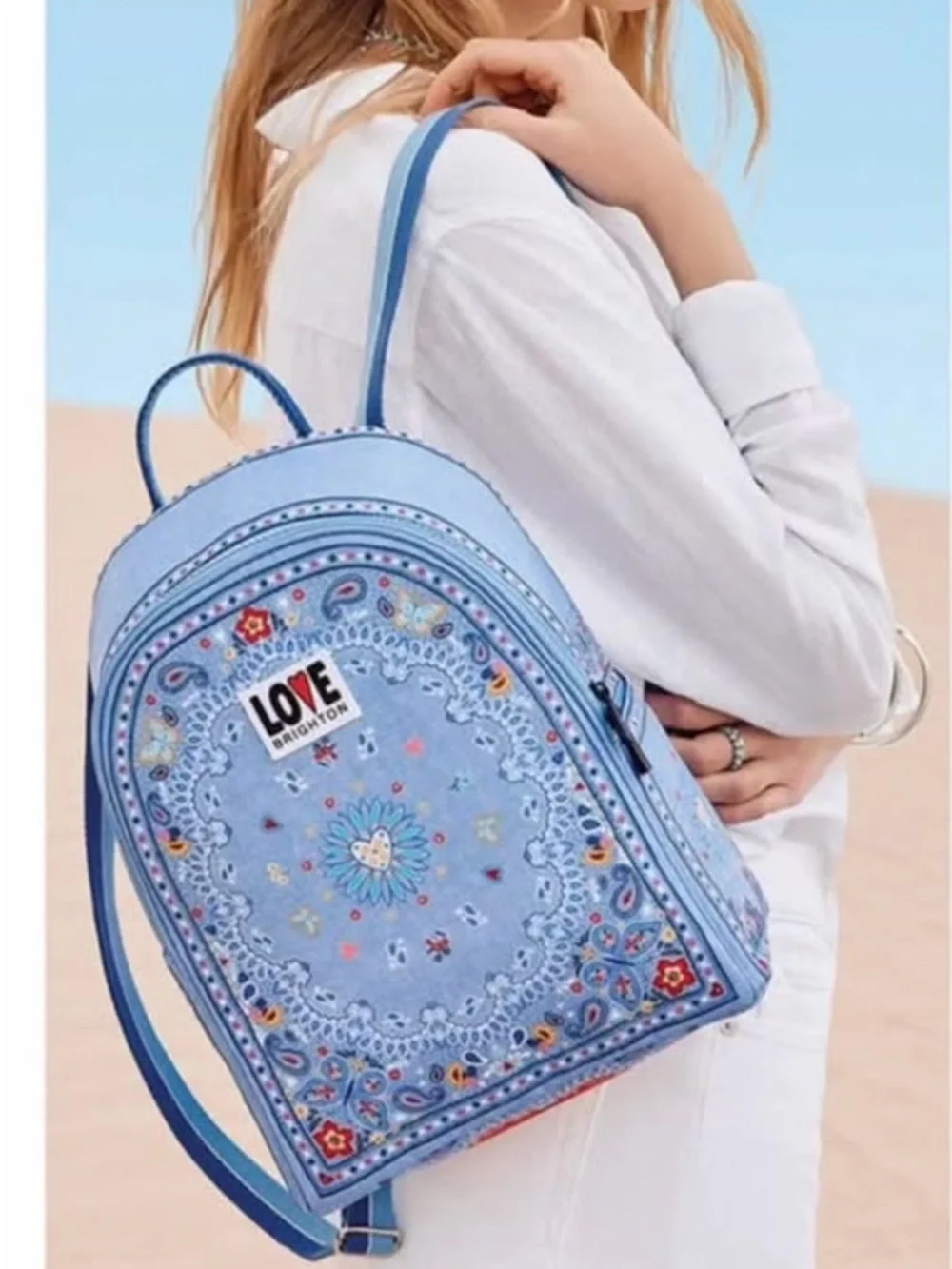 Brighton bandana love Backpack blue Muti adjustable with side pockets zipper NEW